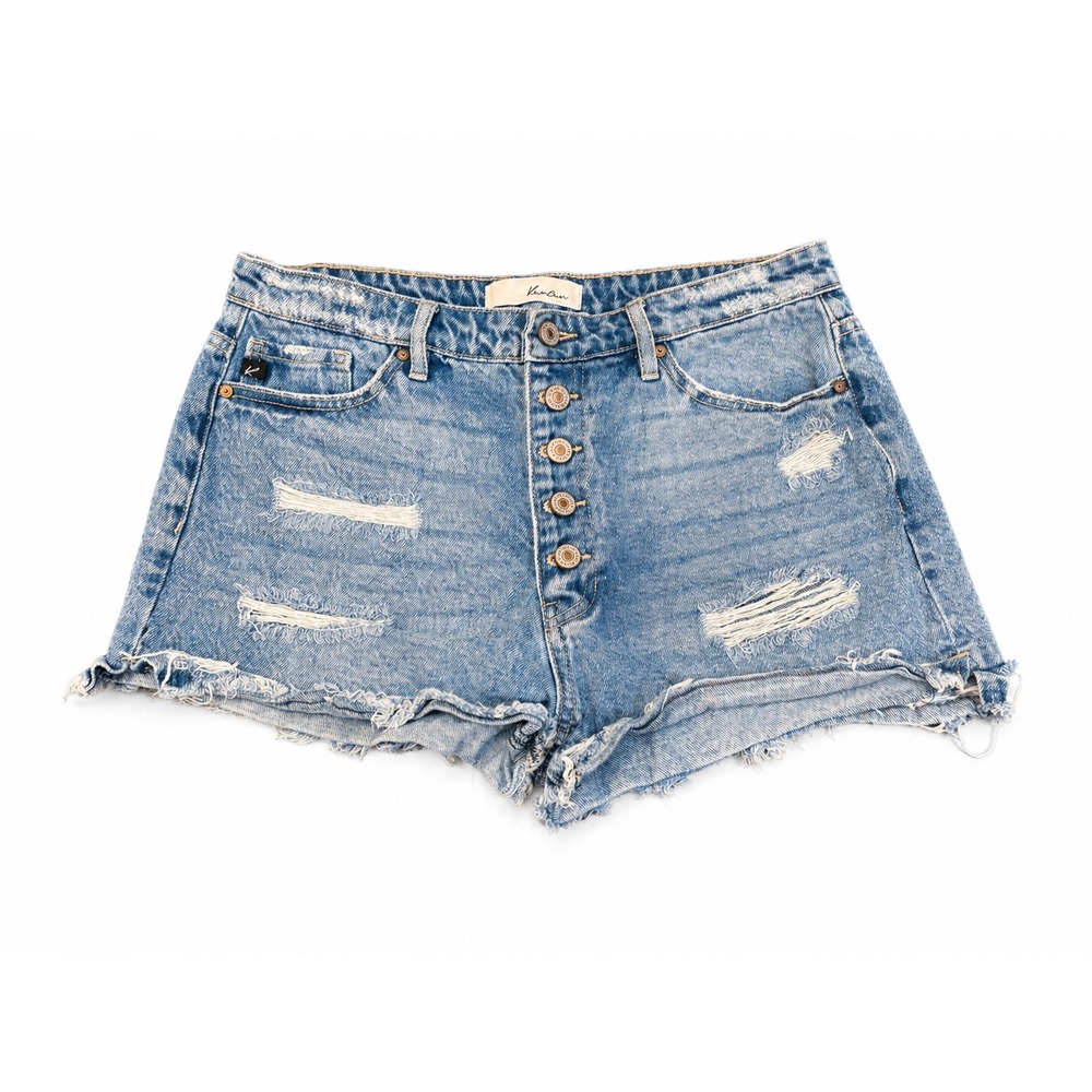 KanCan Women's Large High Rise Distressed Denim Shorts Light Wash Button Fly